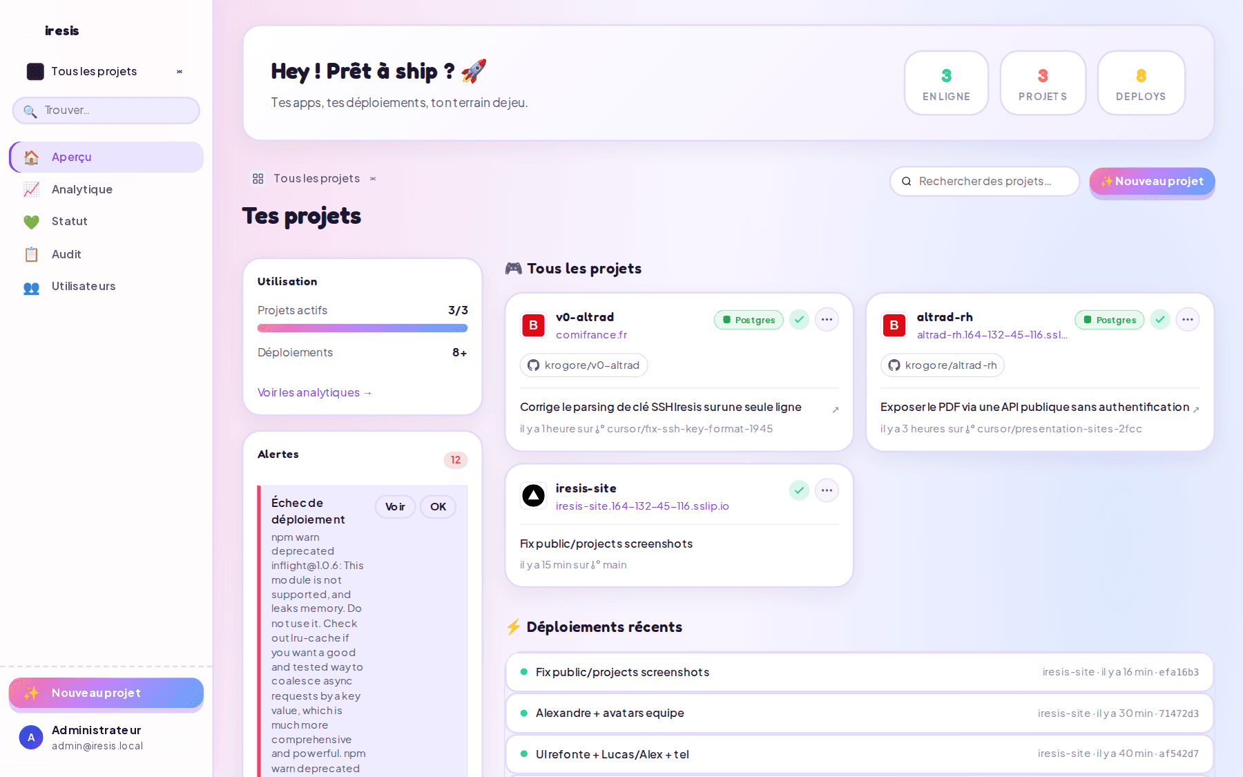 Cockpit Iresis — projets et déploiements